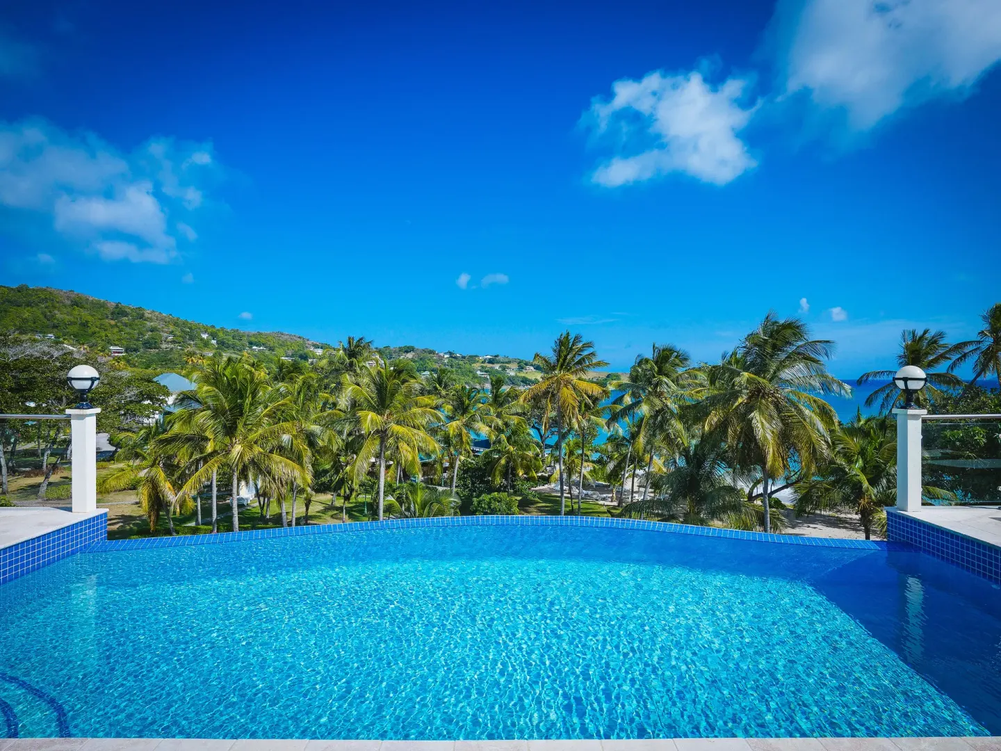 Grand Villa pool with palm and ocean views at Bequia Beach Hotel.
