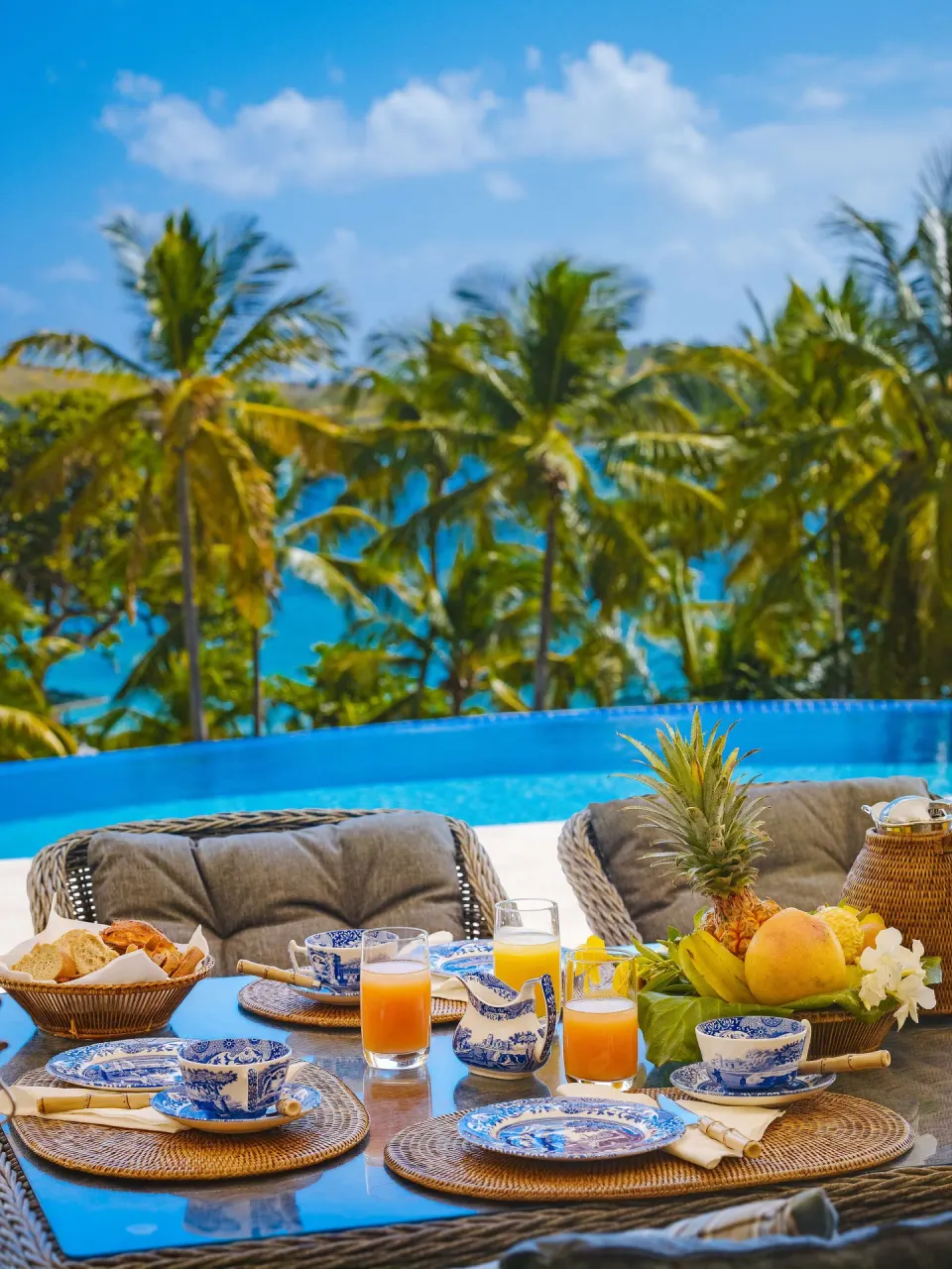 Grand Villa outdoor breakfast by the pool at Bequia Beach Hotel.