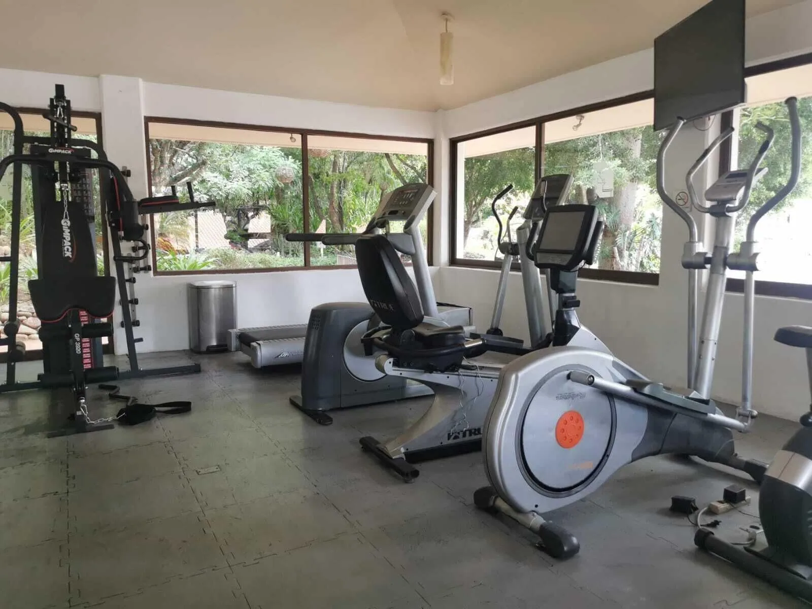 Fitness room with cardio machines and garden-facing windows at Binniguenda Huatulco & Beach Club.