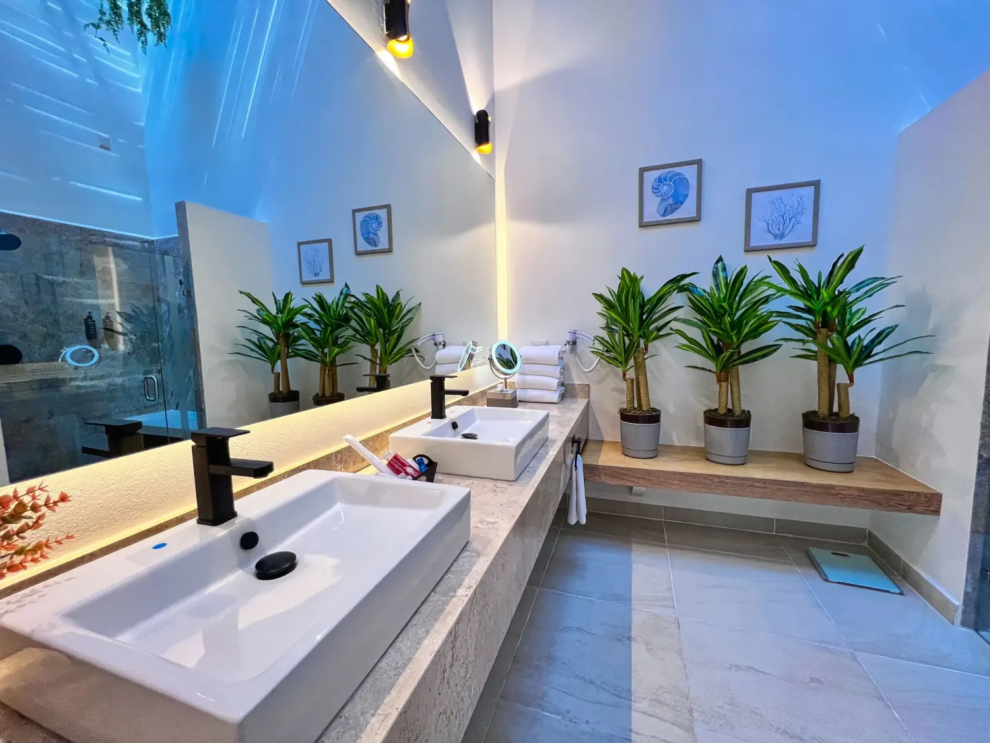 Bathroom with double sinks and potted plants at Binniguenda Huatulco & Beach Club.