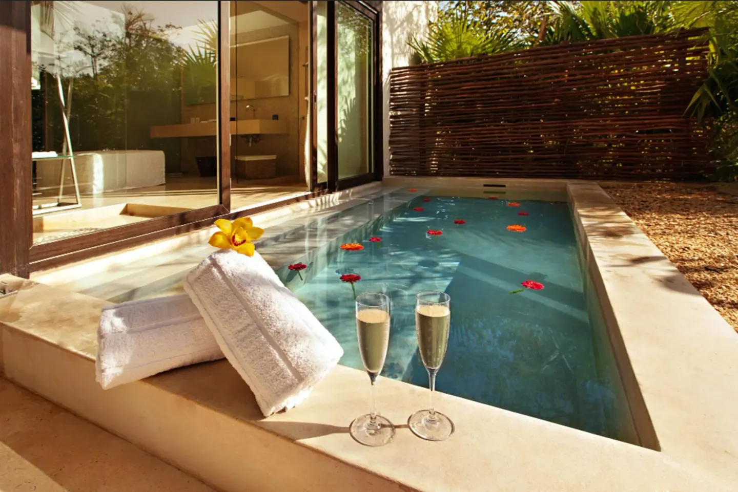 Patio Diamond Suite plunge pool with towels and drinks at Blue Diamond Luxury Boutique.