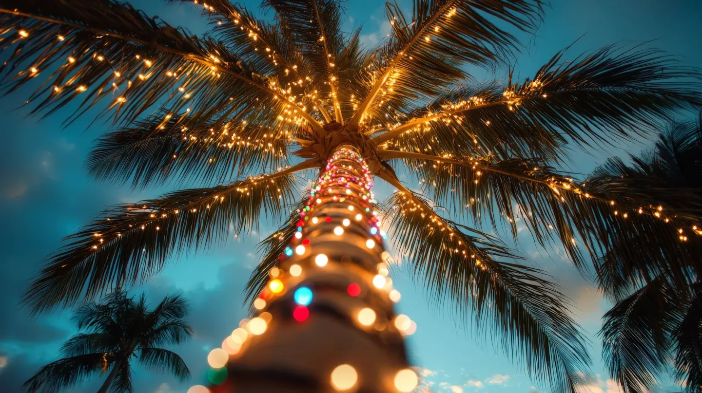 Palm tree wrapped in colorful lights at BlueBay Grand Esmeralda.