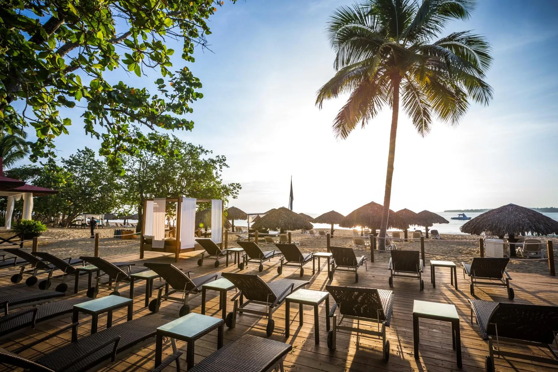 Beach deck with loungers and palm trees at BlueBay Villas Doradas.