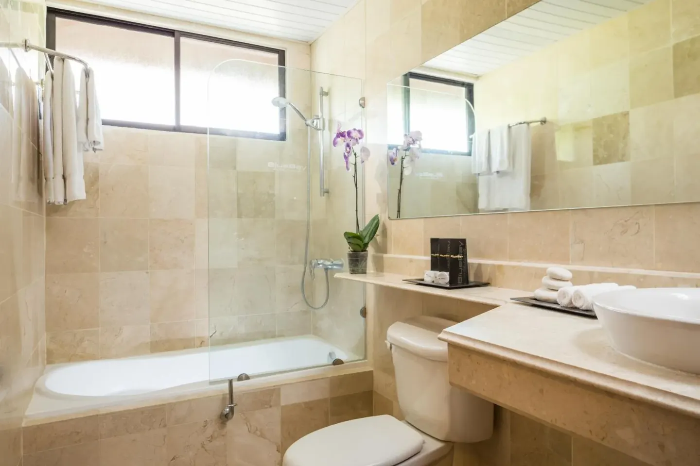 Guest bathroom with tub, glass shower screen, and vanity at BlueBay Villas Doradas.
