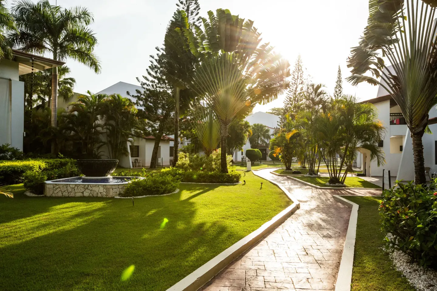 Sunlit garden path with palms and villa buildings at BlueBay Villas Doradas.