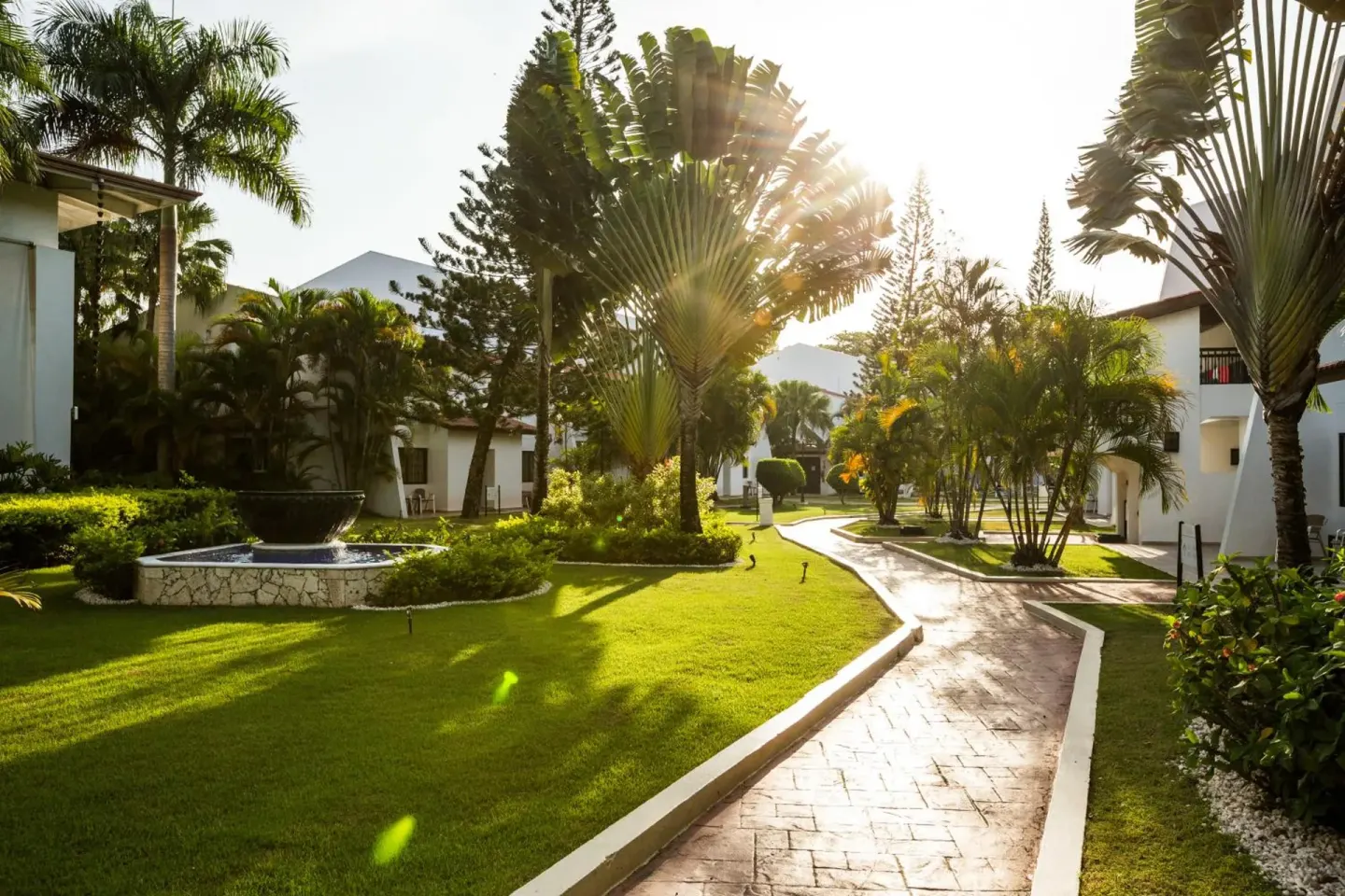 Garden path winds through palms and lawns at BlueBay Villas Doradas.