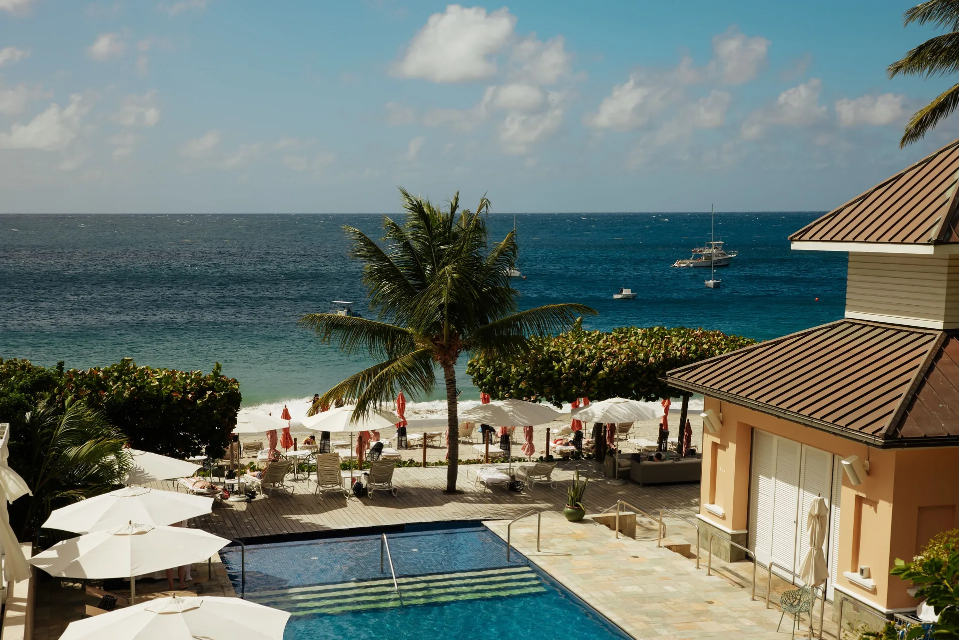 Pool terrace, beach umbrellas, palms and the sea at BodyHoliday.