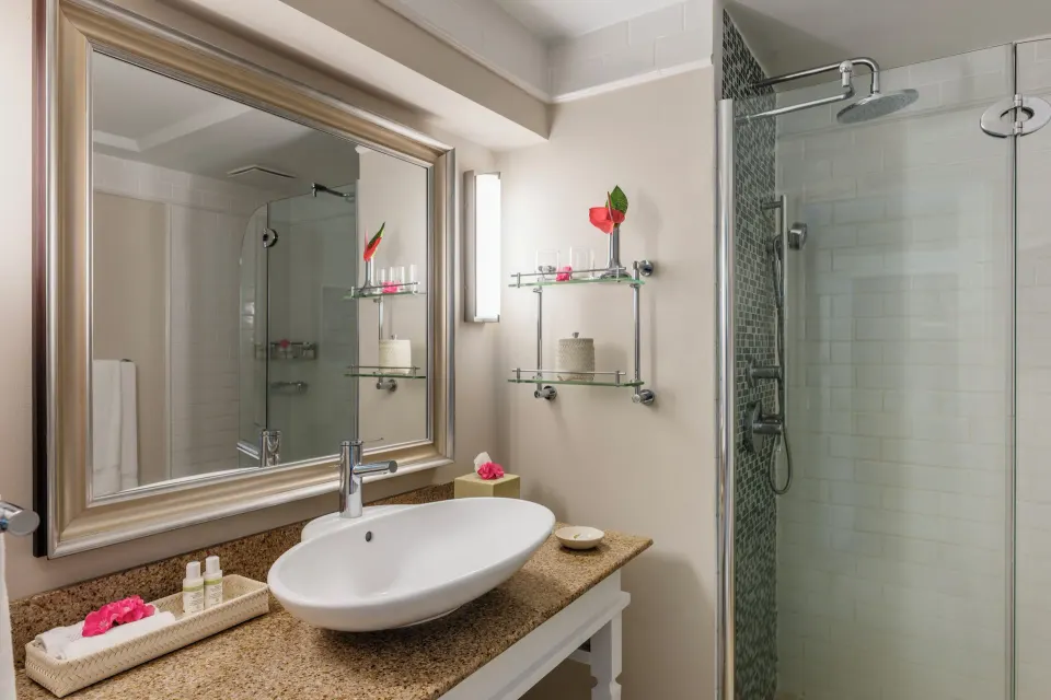 Oceanfront room bathroom with basin, mirror, and glass shower at BodyHoliday.