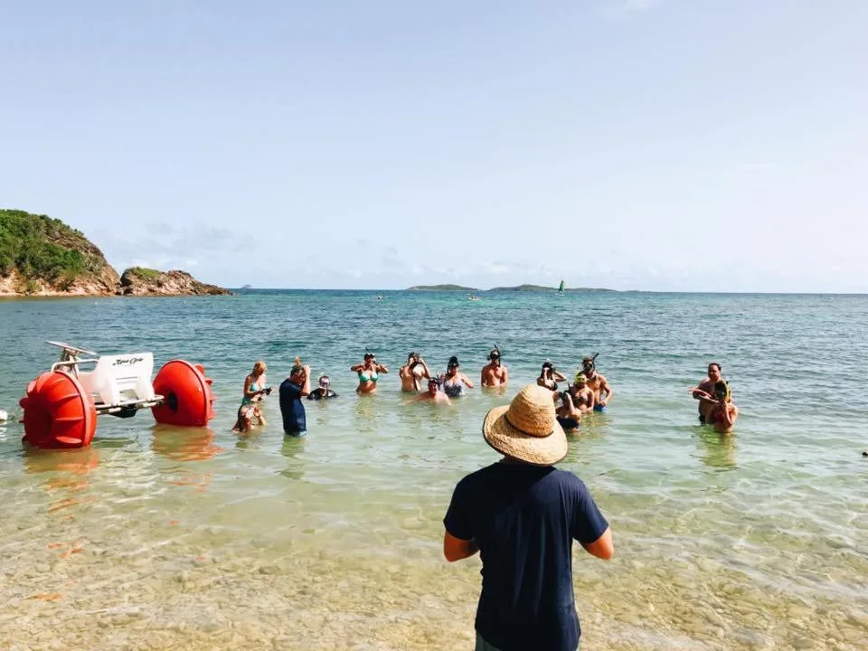 Guests gather in shallow clear water for a beach activity at Bolongo Bay Beach Resort.