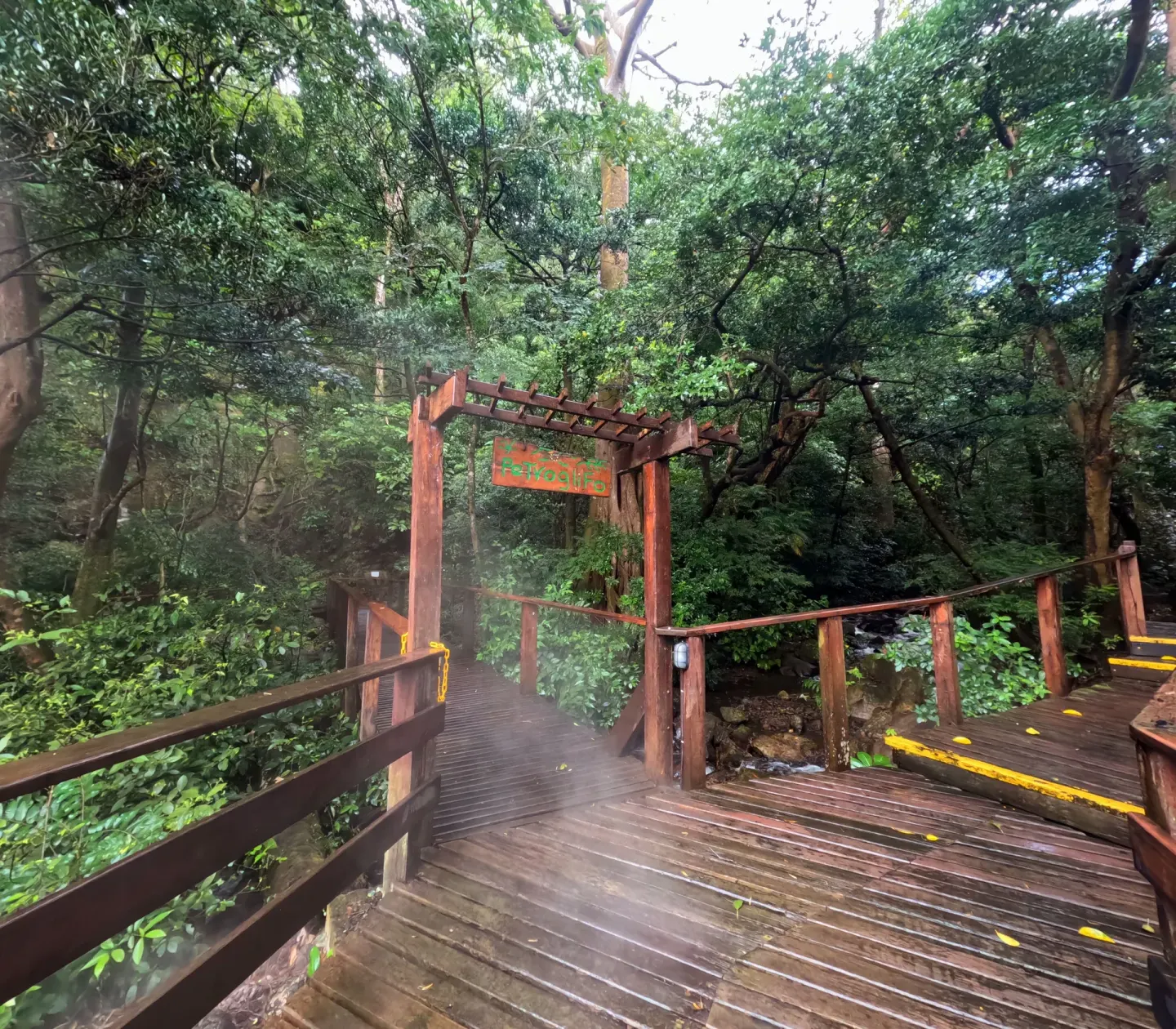 Wooden forest walkway with a thermal-springs sign at Borinquen Thermal Resort.