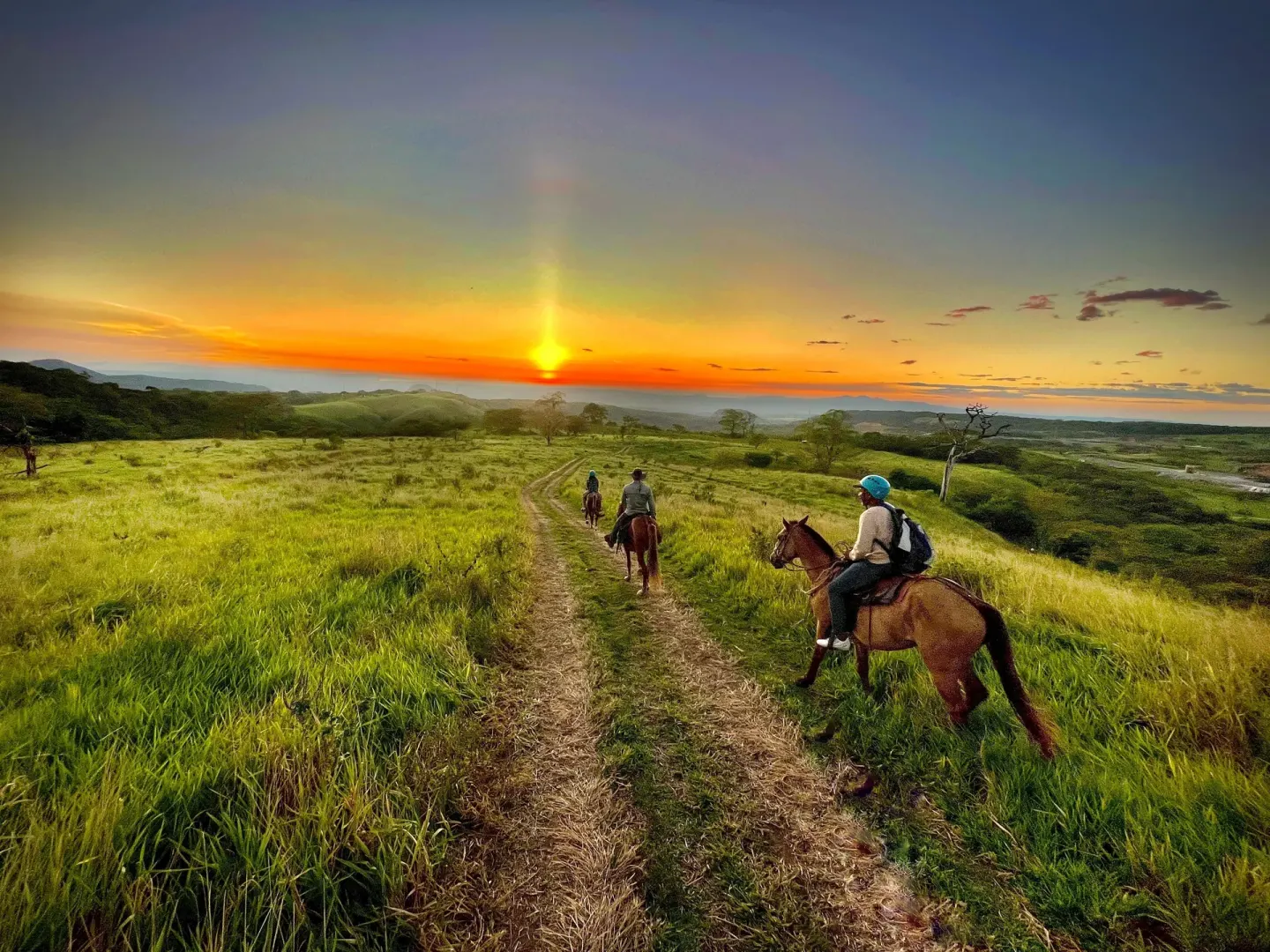 Horseback riders follow a grassy hill trail at sunset near Borinquen Thermal Resort.