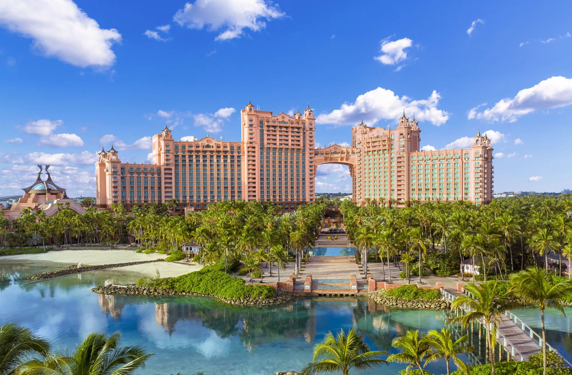 The Royal at Atlantis iconic Paradise Island resort with dramatic towers and major water attractions