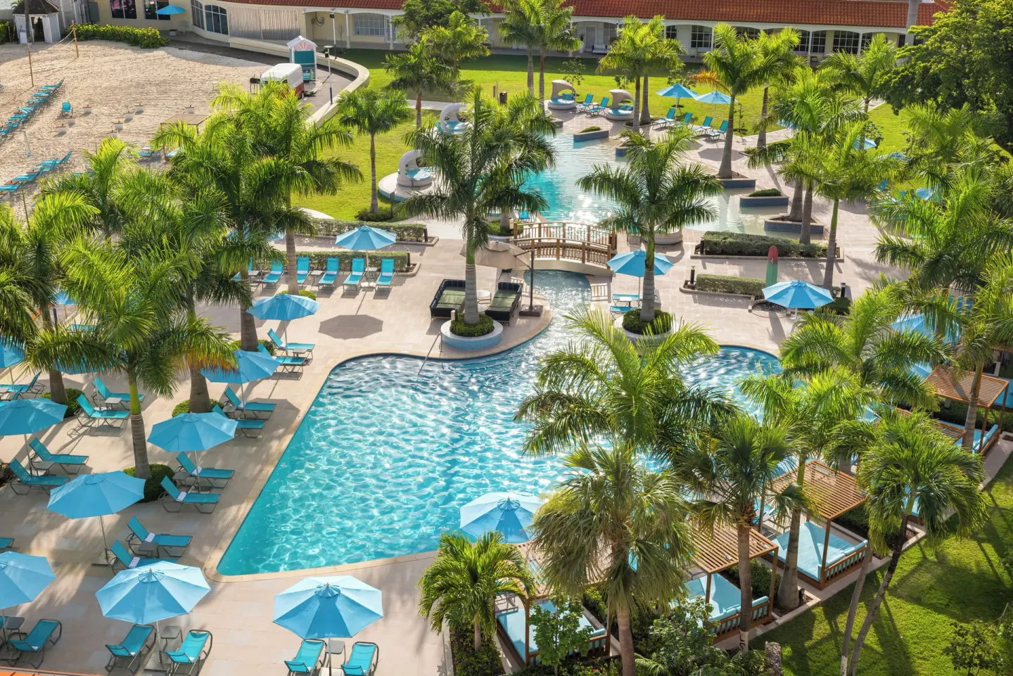 Overhead view of the palm-lined pool deck at British Colonial Nassau.