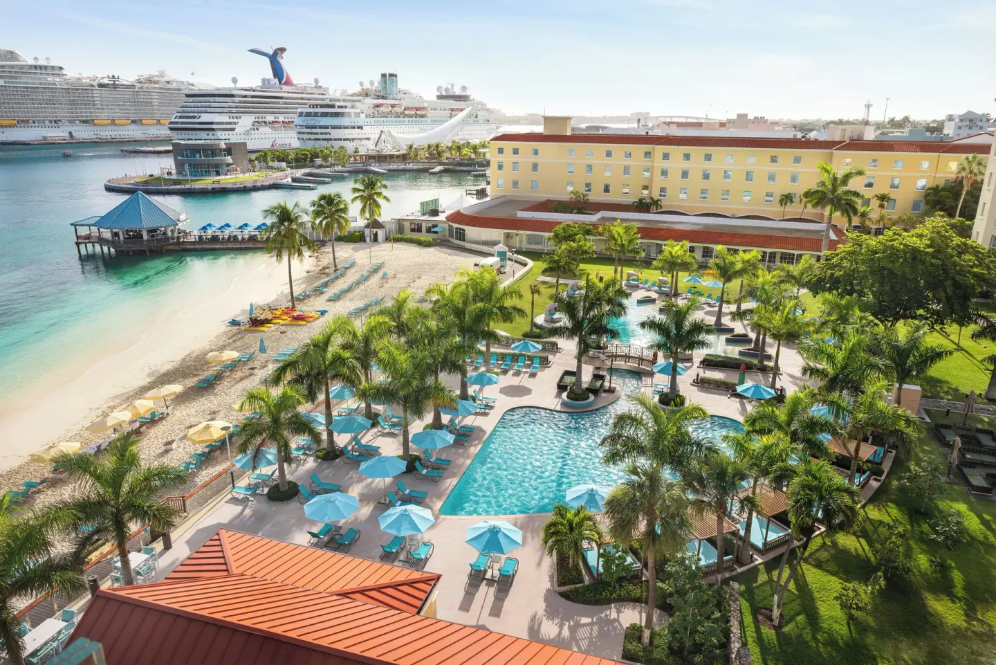 Aerial view of the pool, beach and harbor at British Colonial Nassau.