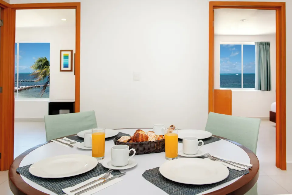 Master Suite 3 Bedrooms breakfast table between ocean-view bedrooms at Cancun Bay Hotel.