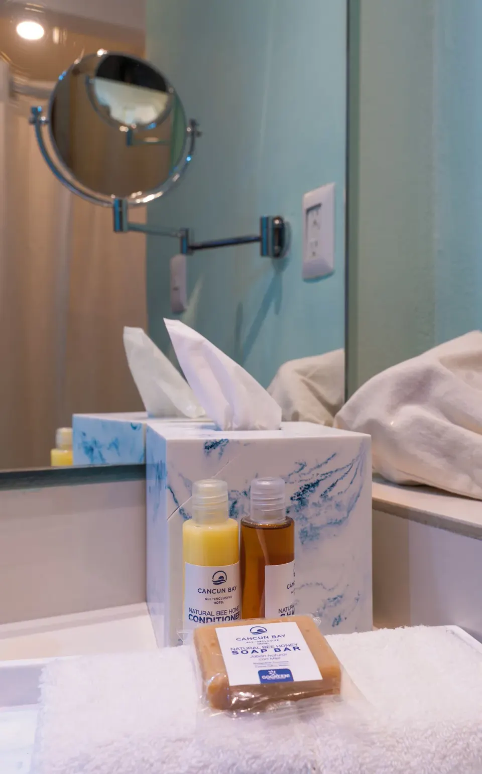 Superior Ocean View bathroom amenities and towels at Cancun Bay Hotel.