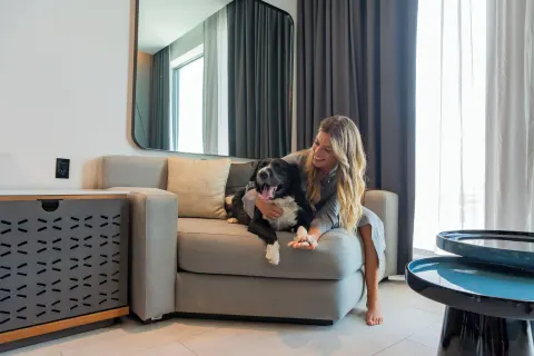 Guest room sitting area with sofa, dog, and window at Canopy by Hilton Cancun La Isla.