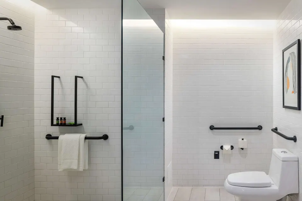 Accessible bathroom with toilet and roll-in shower at Canopy by Hilton Cancun La Isla.