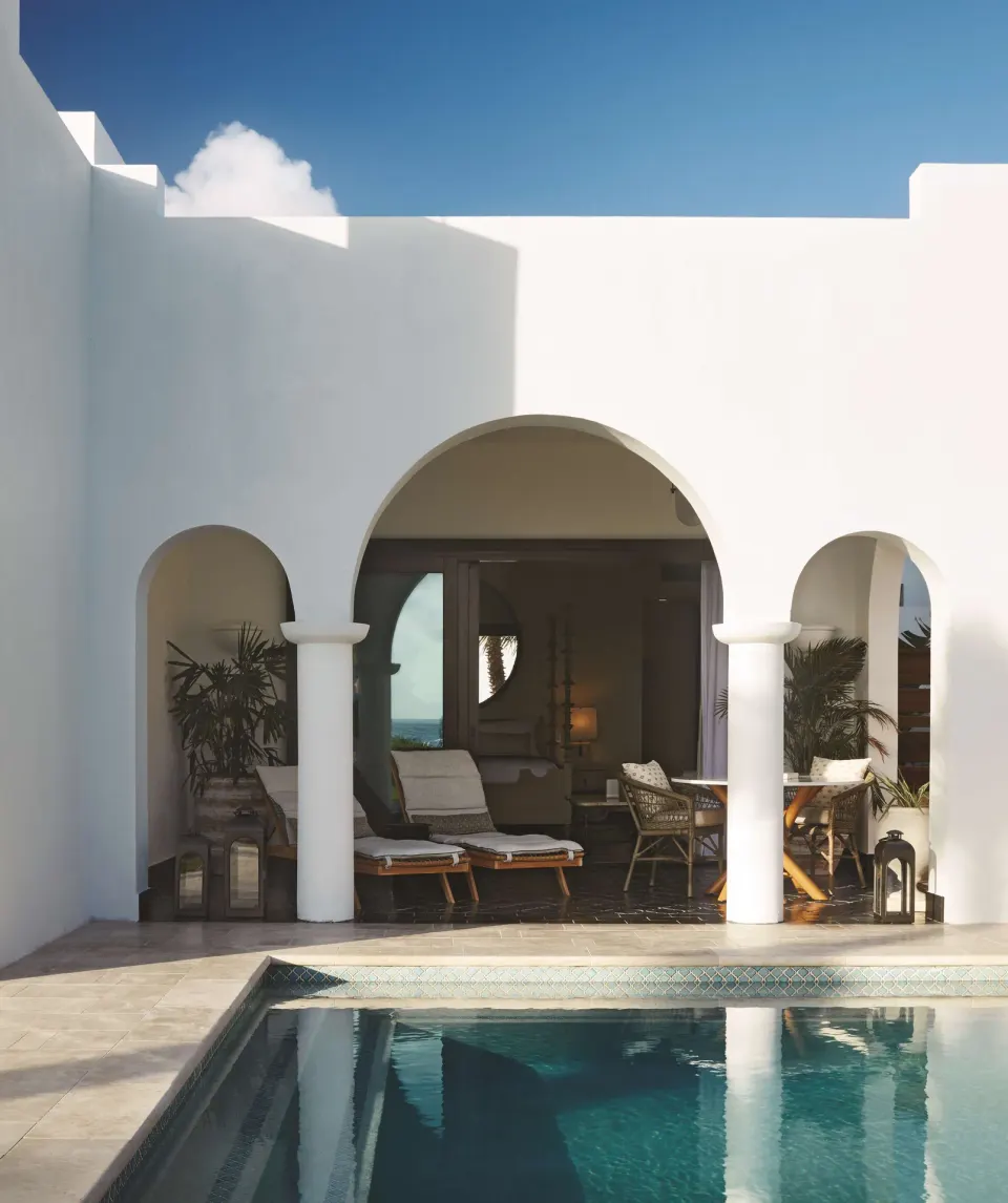 Arched patio and plunge pool outside a beachfront casita suite at Cap Juluca, Anguilla.