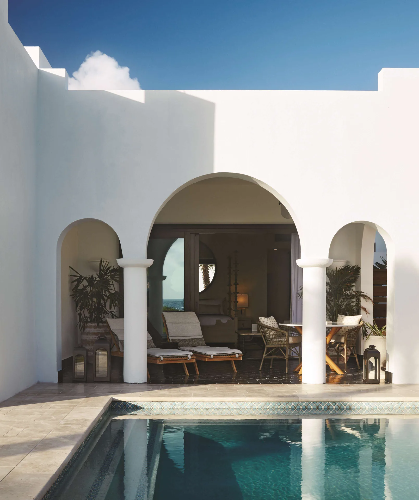 Arched patio and plunge pool outside a beachfront casita suite at Cap Juluca, Anguilla.