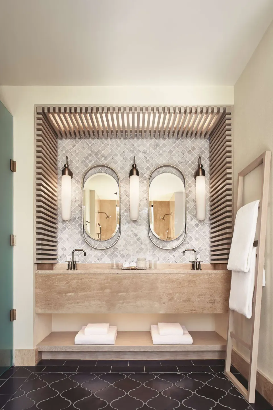 Deluxe Room Beachfront double vanity bathroom at Cap Juluca, Anguilla.
