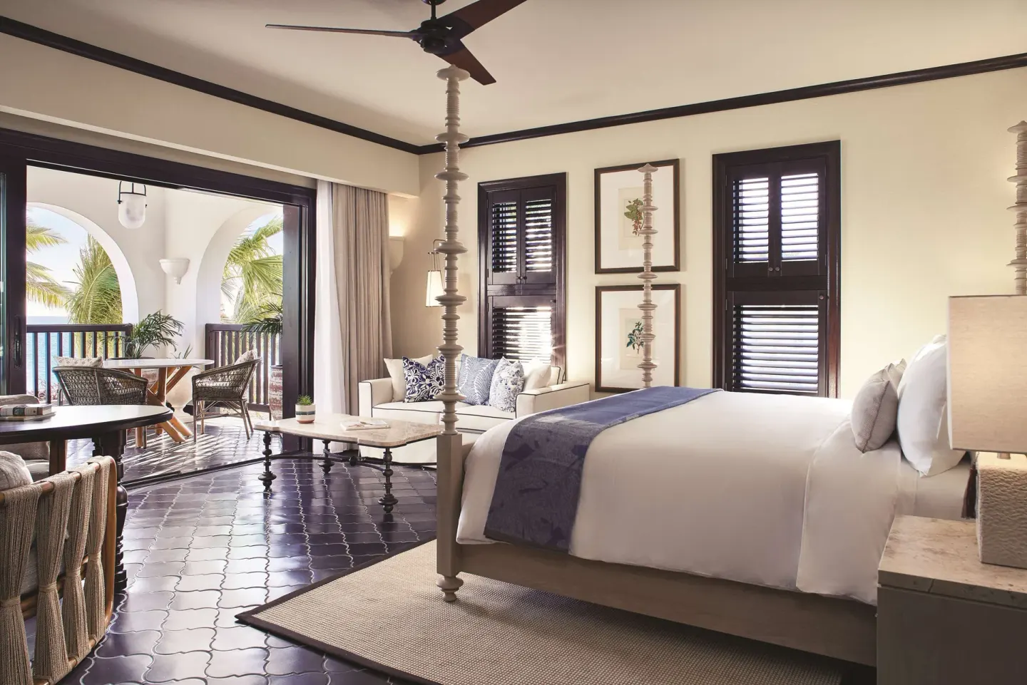 Premium Room Beachfront king bed and balcony at Cap Juluca, Anguilla.