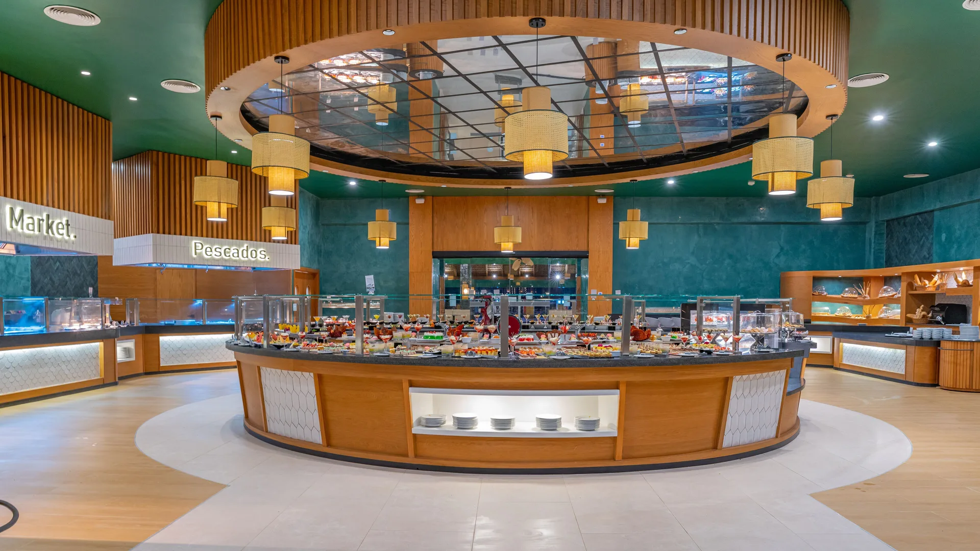 Food Market buffet stations and central island at Caribe Deluxe Princess.