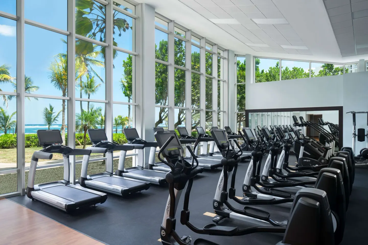 Fitness center with cardio machines and ocean-facing windows at Caribe Hilton.