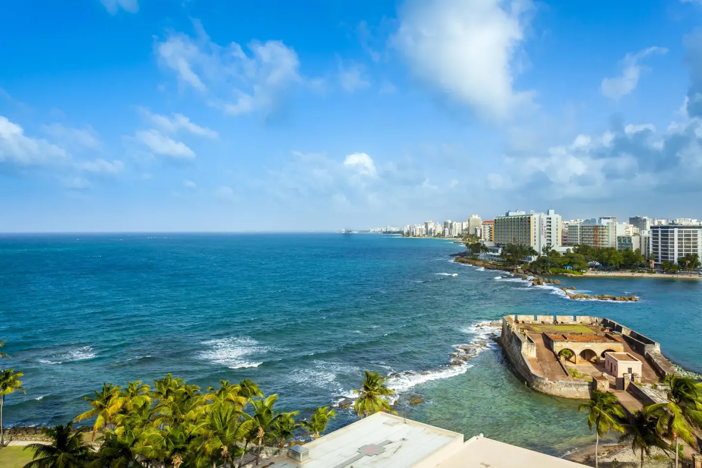 Ocean view from Caribe Hilton with palm trees, coastline, and a historic fort by the water.