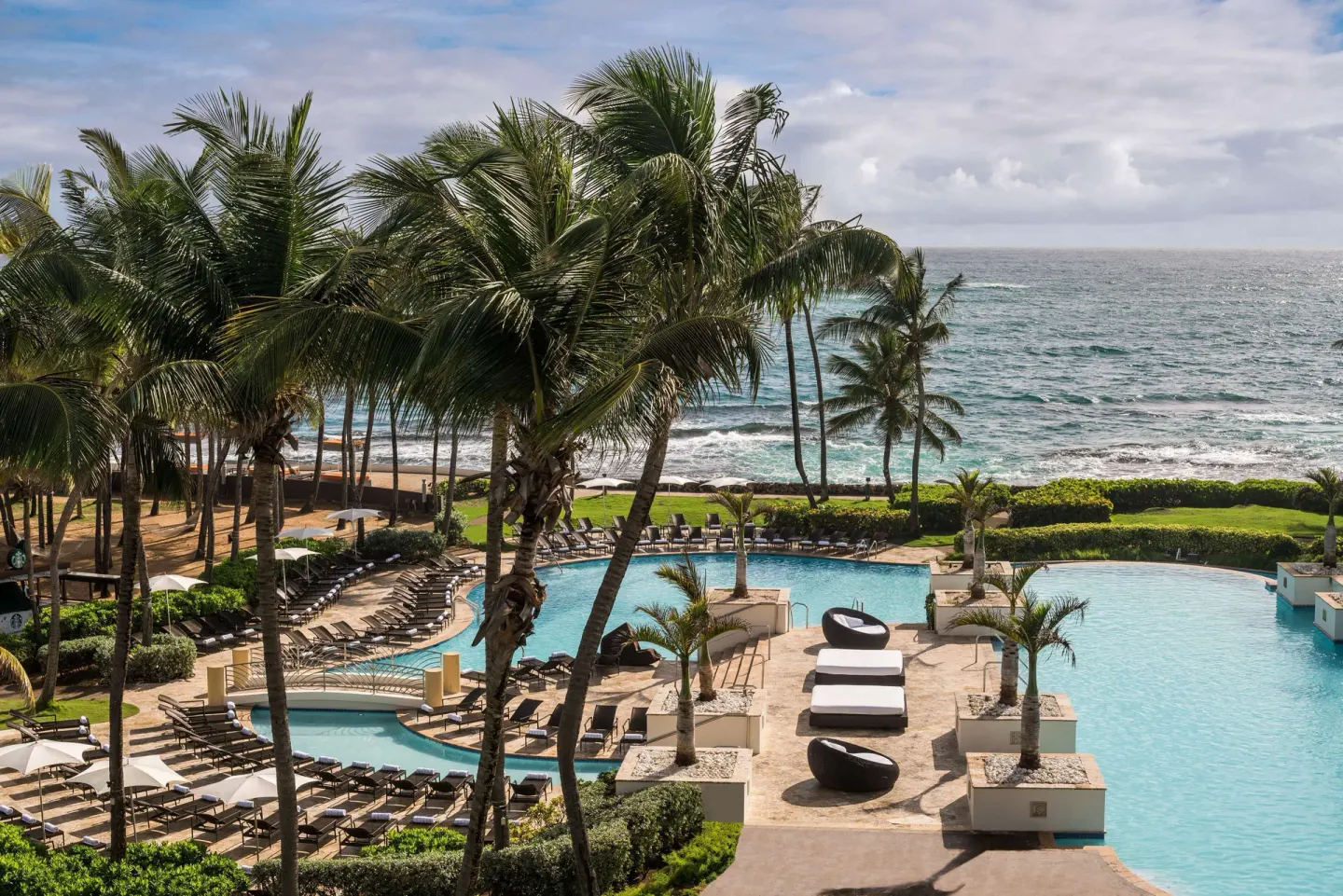Pool deck with lounge chairs, palms, and ocean waves at Caribe Hilton.