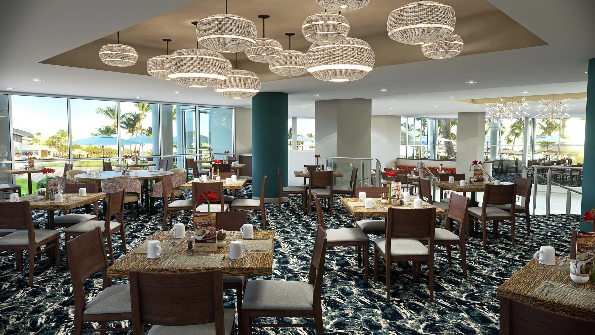 Breakfast dining room with set tables and woven pendant lights at Caribe Hilton.