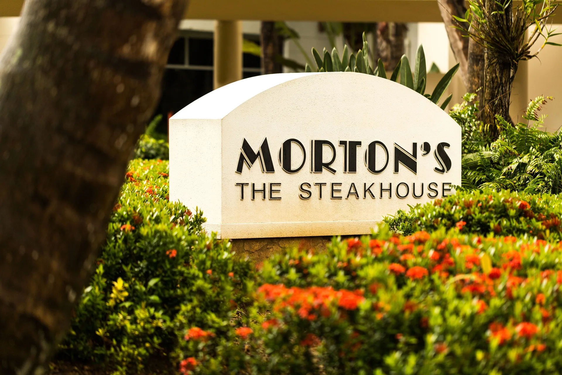 Morton's The Steakhouse sign among tropical landscaping at Caribe Hilton.