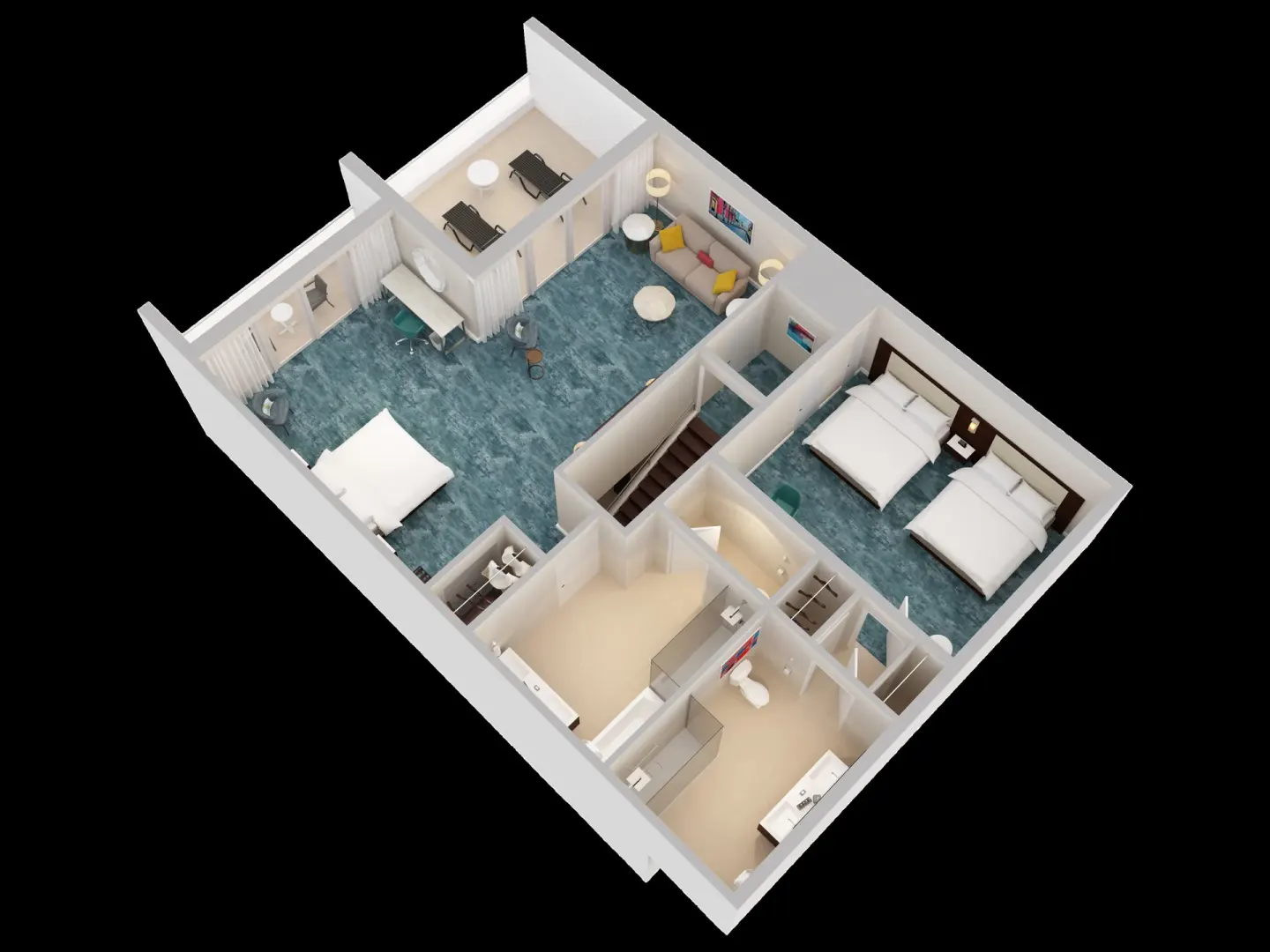 Angled suite rendering with bedrooms, bathrooms, stairs, and terrace at Caribe Hilton.