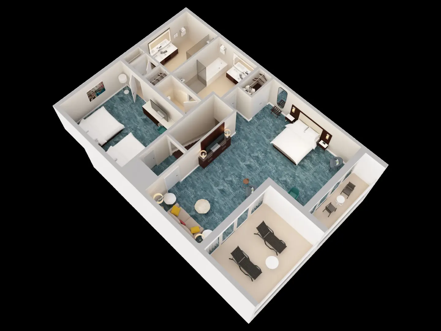 Angled view of the suite floor plan with beds, lounge space, and terraces at Caribe Hilton.
