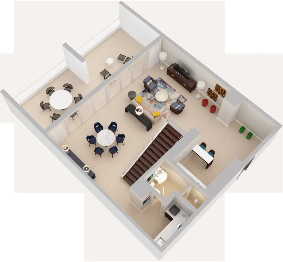 Lower-level 3D floor plan with living room, dining areas, stairs, and terrace at Caribe Hilton.