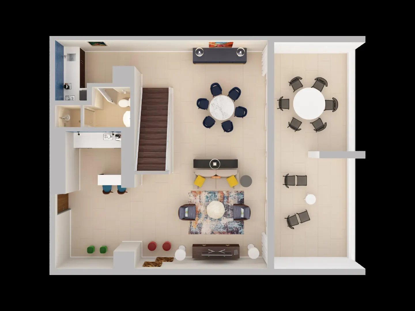 Lower-level floor plan of a two-bedroom bi-level premium suite at Caribe Hilton.