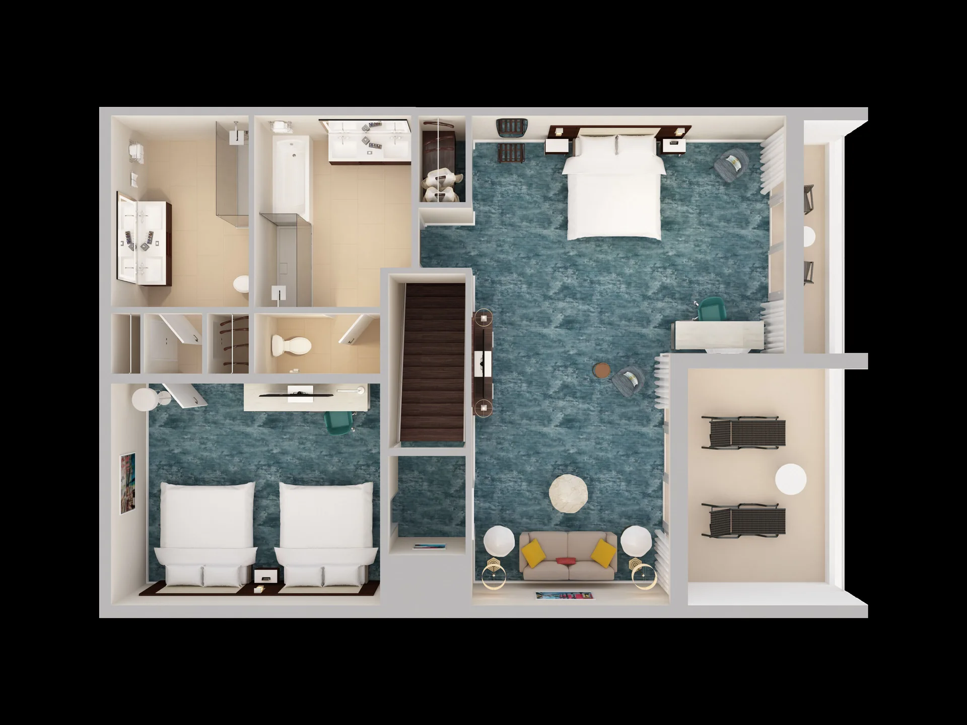 Upper-level floor plan of a two-bedroom bi-level premium suite at Caribe Hilton.