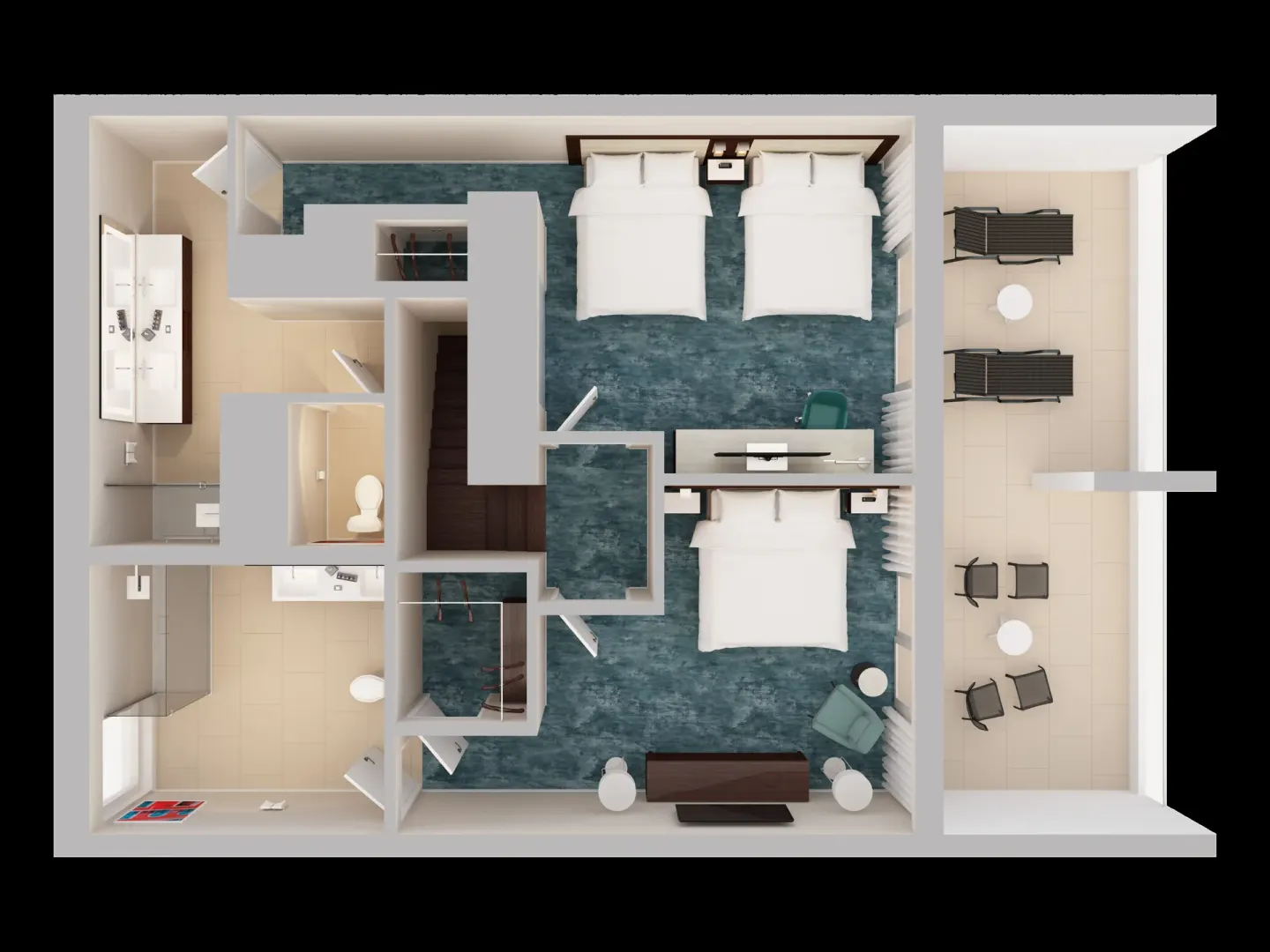 Overhead 3D bedroom floor plan with one king and two double beds at Caribe Hilton.