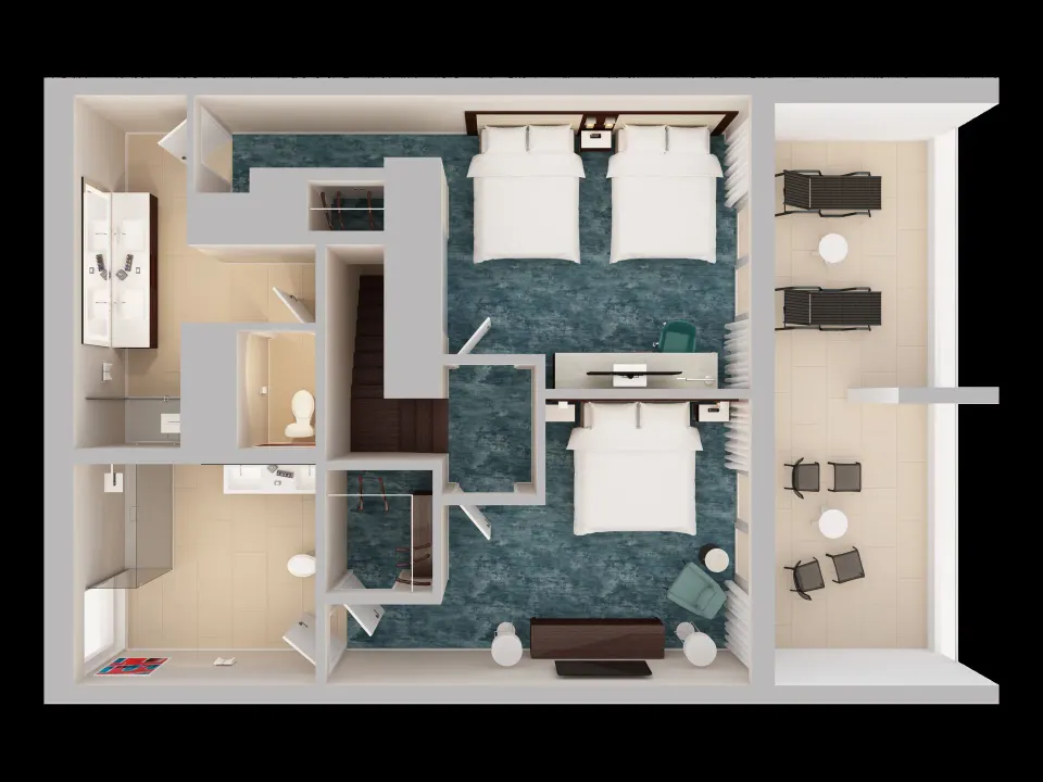 Overhead 3D bedroom floor plan with one king and two double beds at Caribe Hilton.