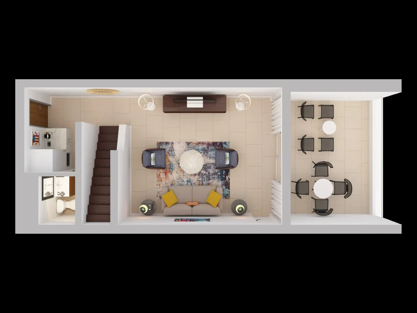 Overhead 3D living-level floor plan with sofa, stairs, and terrace at Caribe Hilton.