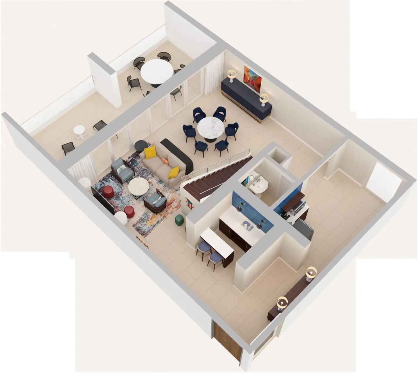 3D lower-level floor plan of a two-bedroom bi-level suite at Caribe Hilton.