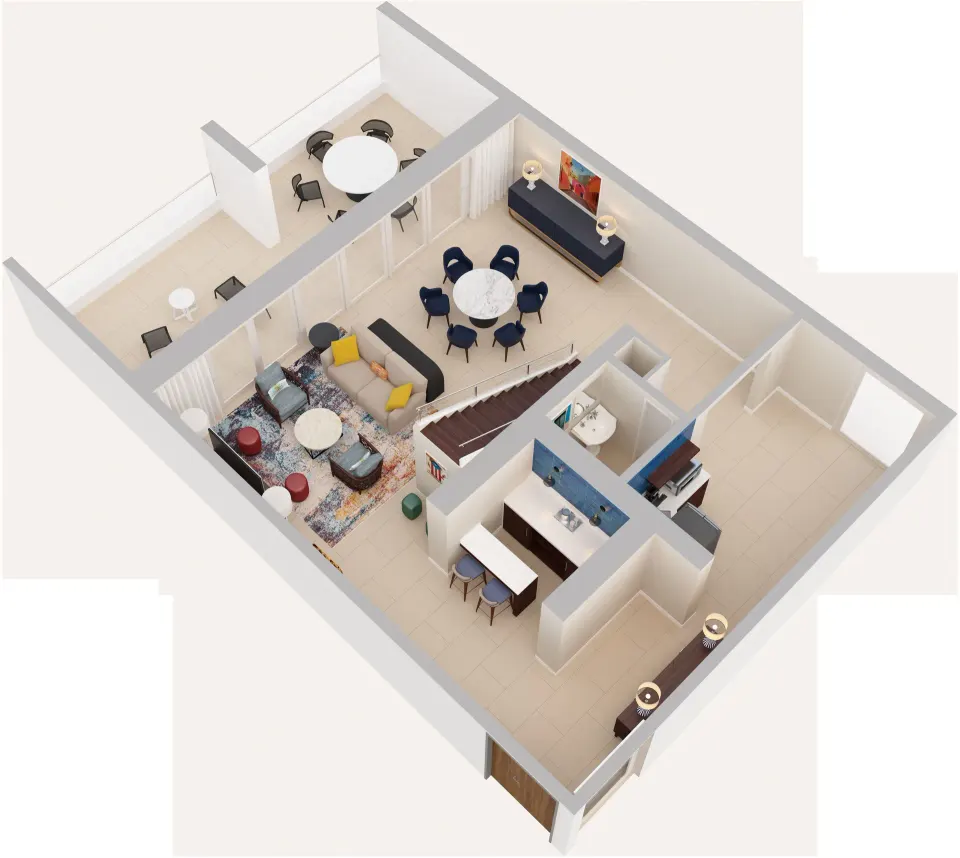 3D lower-level floor plan of a two-bedroom bi-level suite at Caribe Hilton.