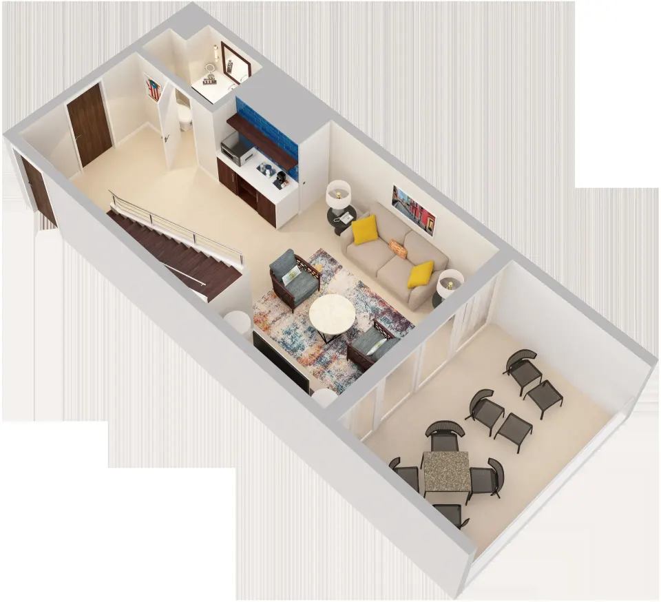 3D upper-level floor plan of a two-bedroom bi-level suite at Caribe Hilton.