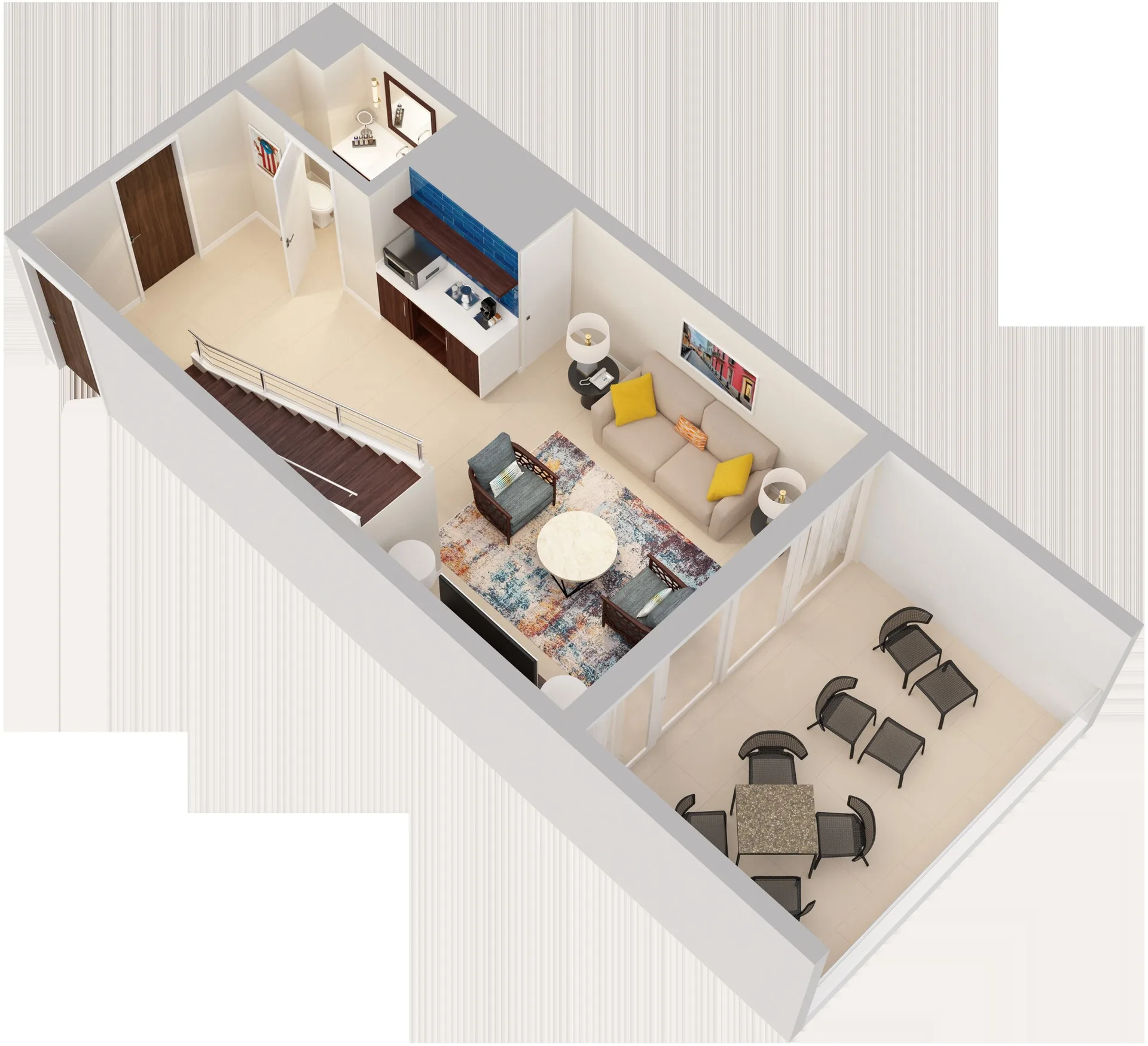 3D upper-level floor plan of a two-bedroom bi-level suite at Caribe Hilton.