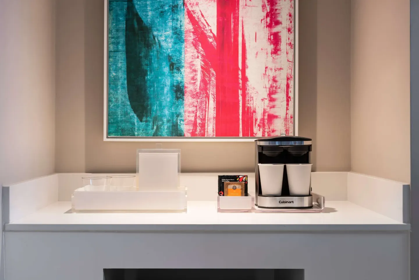 In-room coffee station in a Premium Garden View room at Caribe Hilton.