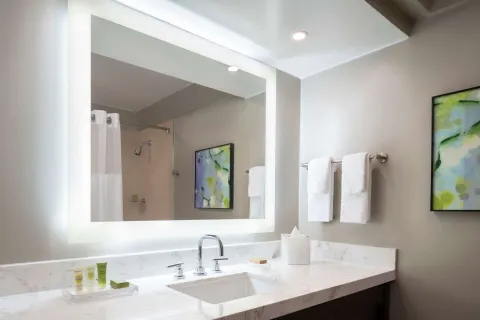 Bathroom vanity with lit mirror, towels, and shower reflection in a Caribe Hilton guest room.