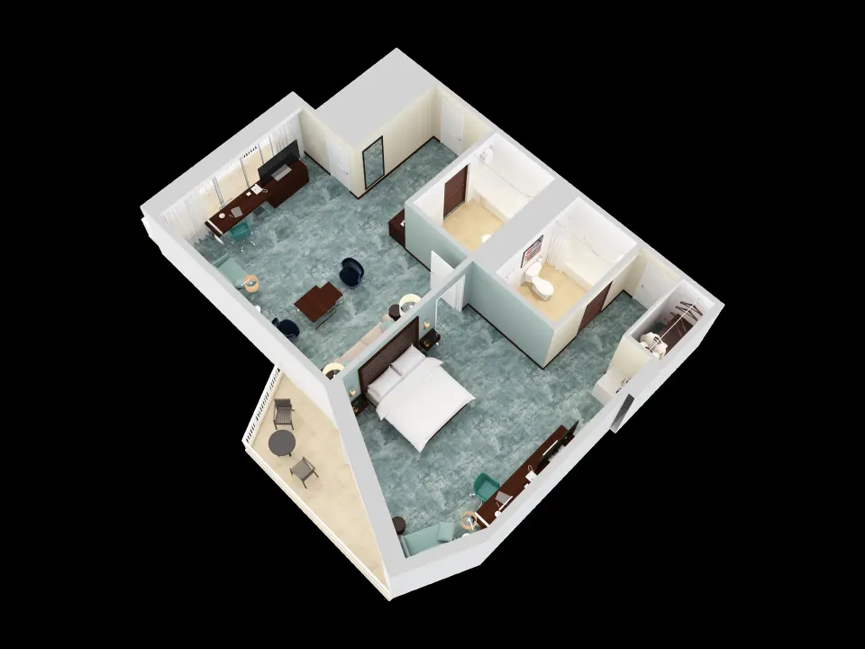 3D floor plan of a high-floor corner king suite at Caribe Hilton with living room and balcony.