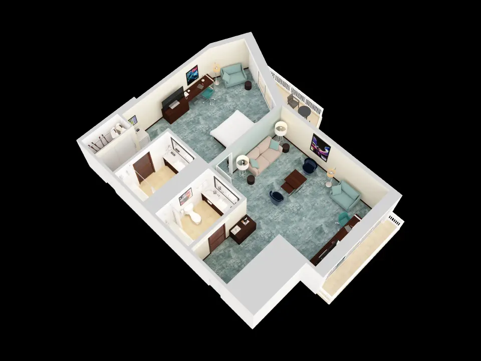 Angled 3D floor plan of the corner king suite at Caribe Hilton with bedroom, lounge and balconies.