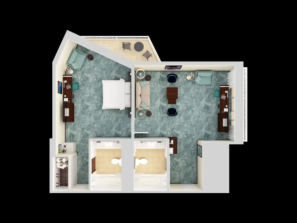 Top-down 3D plan of a Caribe Hilton corner king suite with living room, bedroom and balcony.