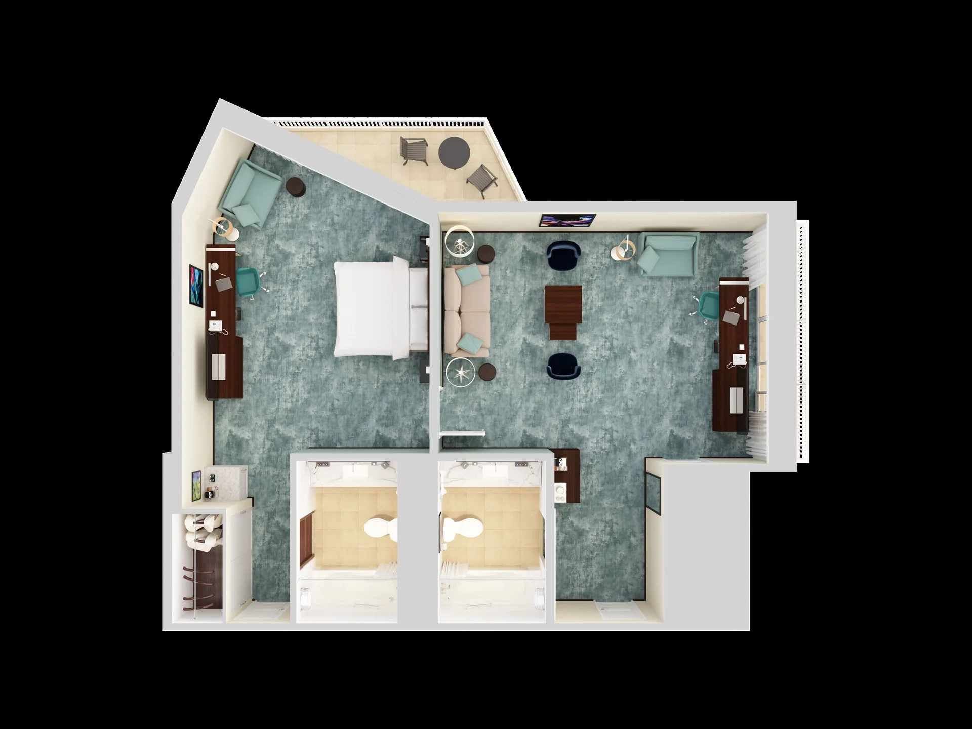 Top-down 3D plan of a Caribe Hilton corner king suite with living room, bedroom and balcony.